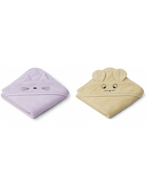 Hooded towel (baby) Albert set of 2 | cat/mouse lavender/yellow