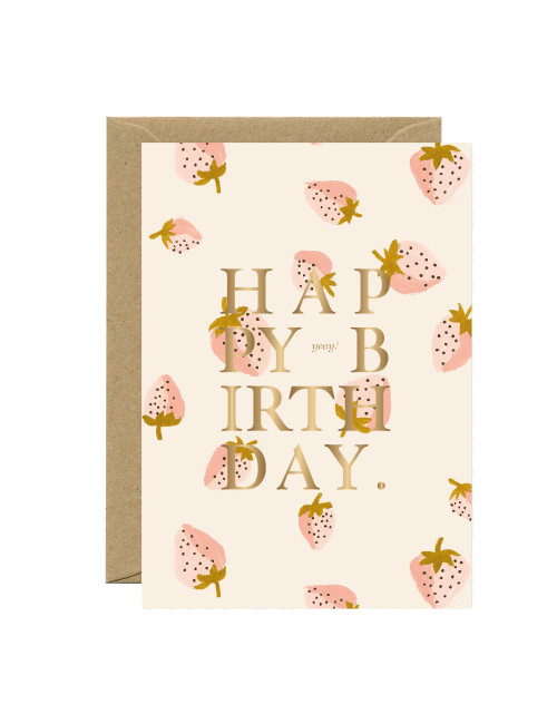 Wenskaart | gold/strawberries bday