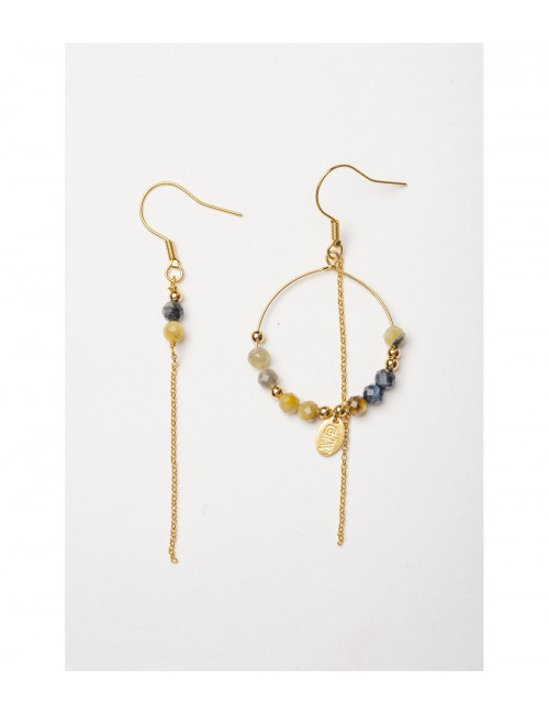 Asymmetrische Oorbellen Goud | blauw/geel/tijgeroog
