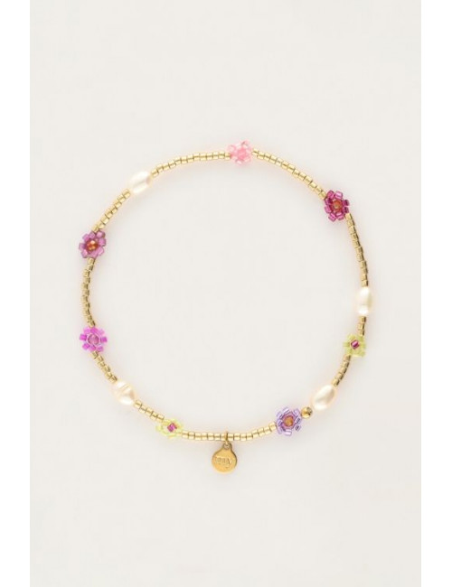 Bracelet beads flowers pink purple pearl