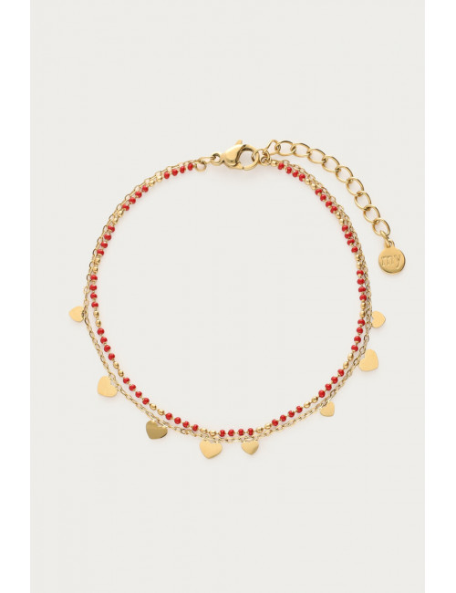 Dubbele Armband Goud | hartjes/rode bolletjes