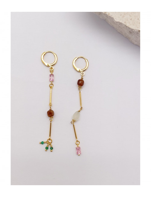 Oorbellen 3 Rij Serpentijn, Granaat, Onyx & Zirkoon | goud/roze