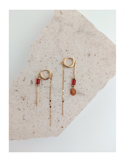 Assymetrische Hoepel Oorbellen met Agaat Steen & Ketting | goud/pyriet