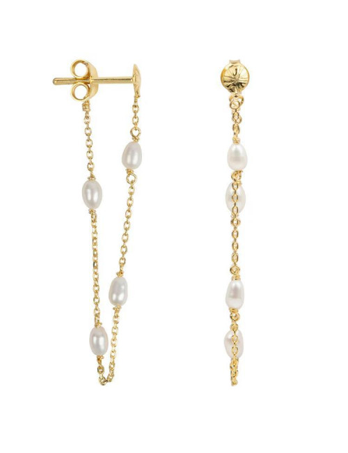 Ribbed Mini Moon Pearl Chain Stud Oorbellen | goud